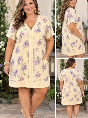 Studio C Cream & Purple Floral V-Neck Midi Dress NWOT